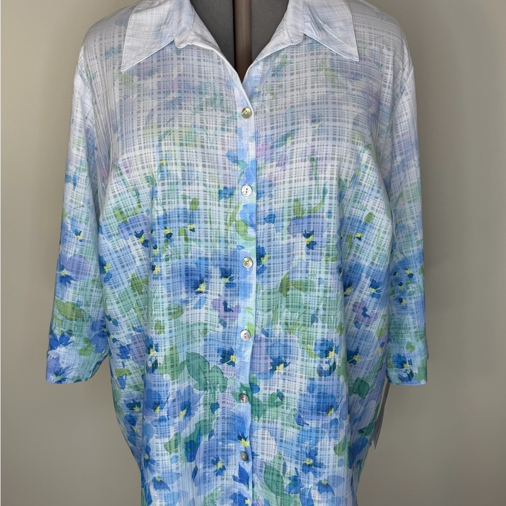 NWT Alfred Dunner Shirt Womens 2X Blue Floral Button Front 3/4 Sleeve Tunic